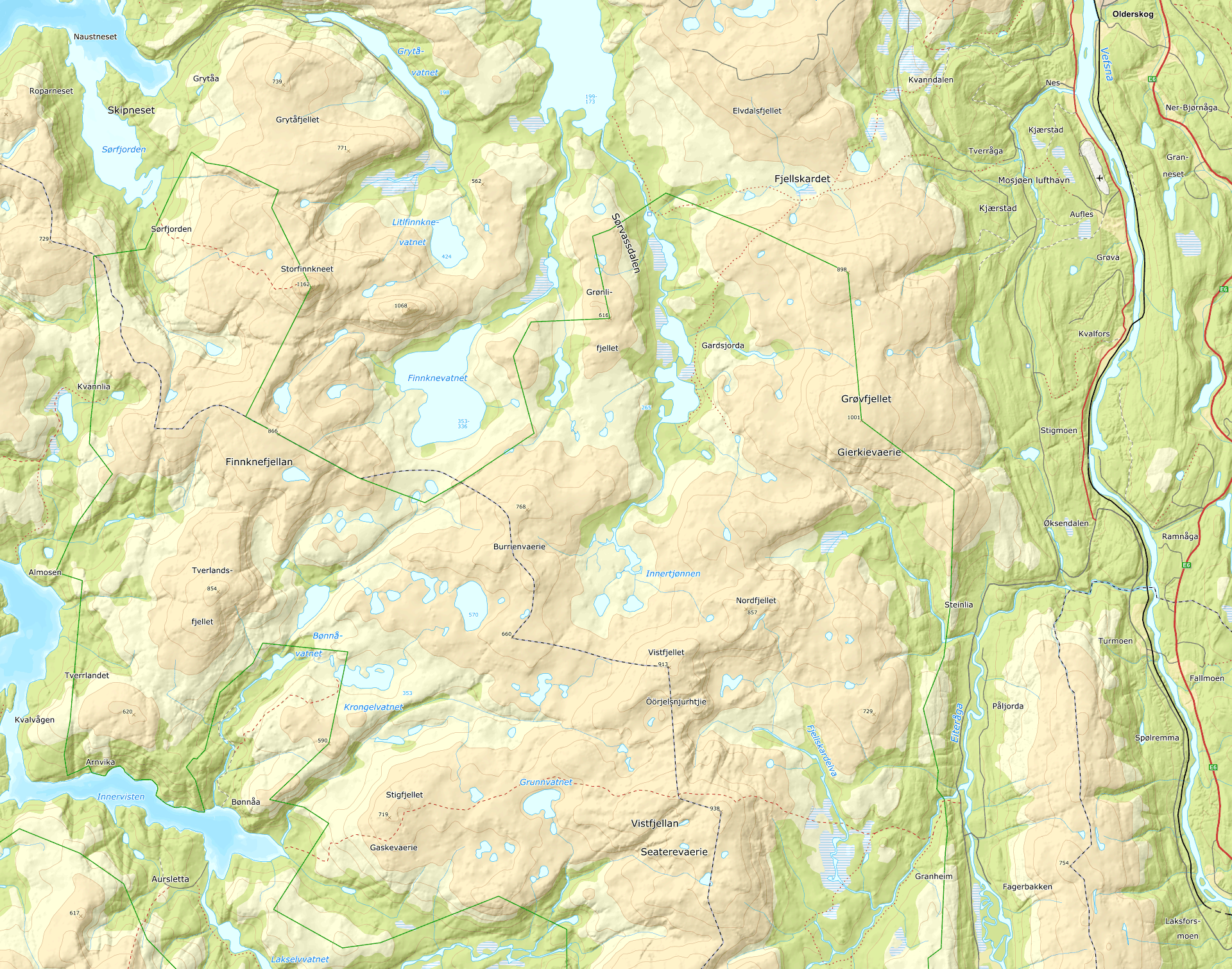 Locator map: Tverrådalen, Fjellskardet, Burrienvaerie, Bønå hurtigbåtkai