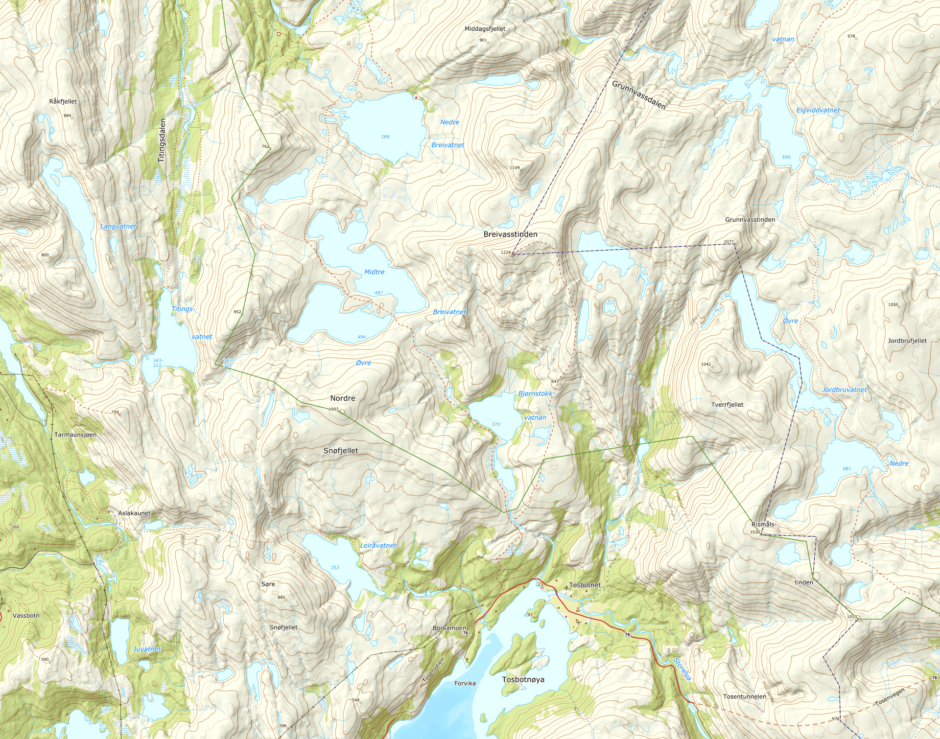 Locator map: Nedre Breivatnet, Midtre Breivatnet, Tosbotnet